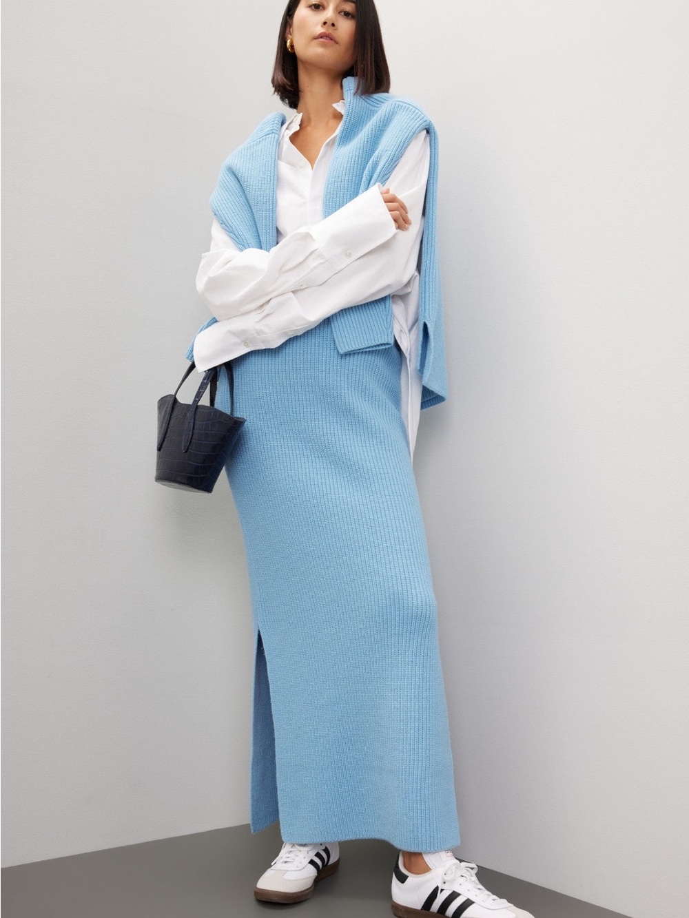 Light Blue Ribbed Knit Maxi Skirt
